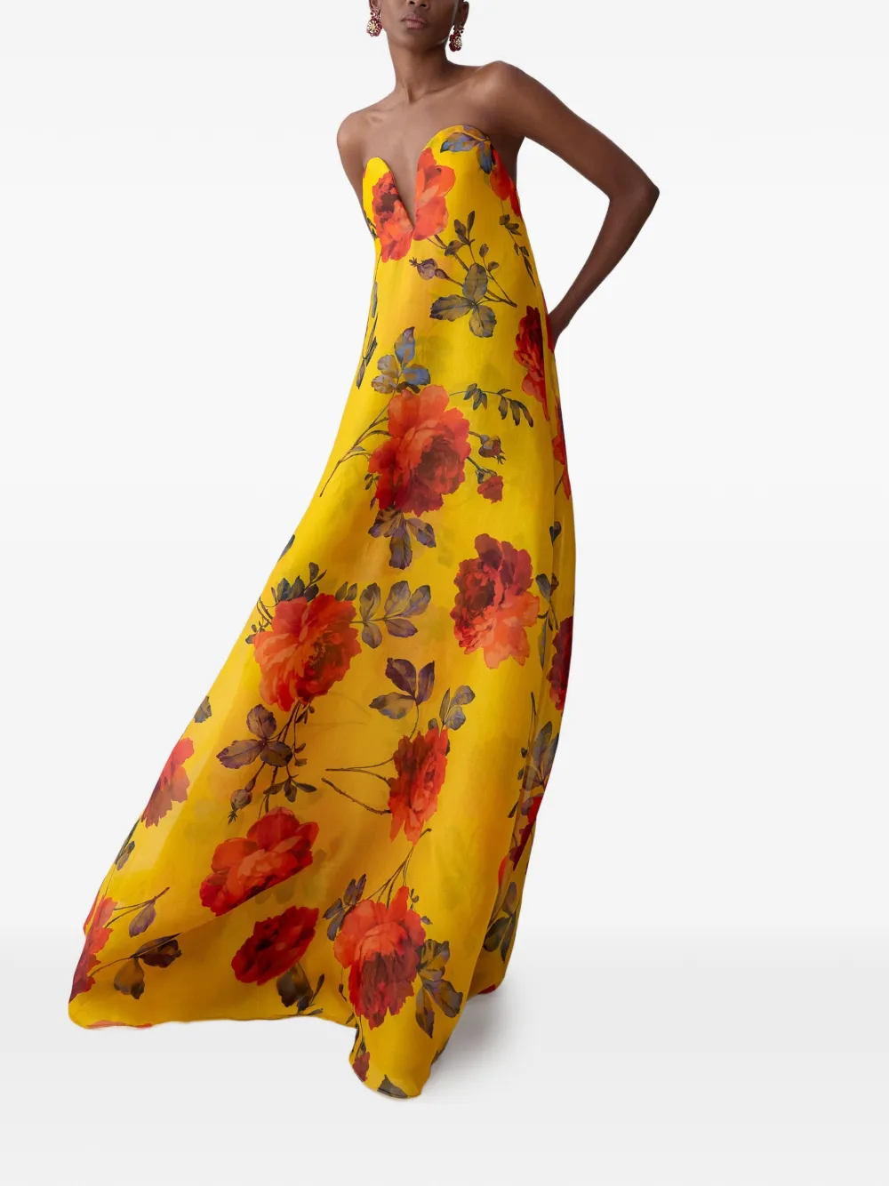 Carolina Herrera Organza avondjurk met roosprint en V-hals Geel