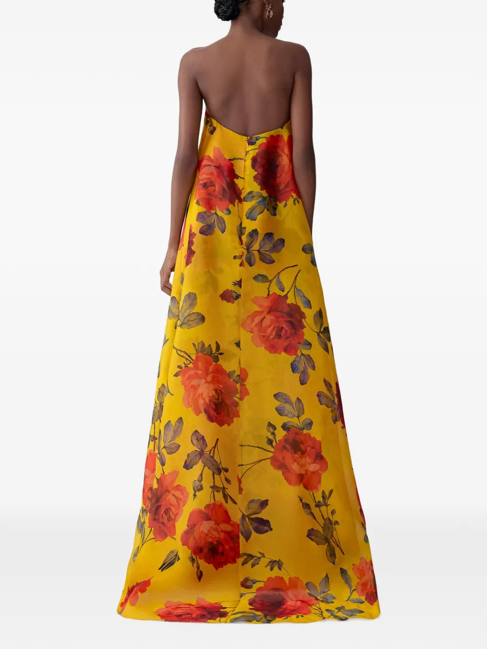 Carolina Herrera Organza avondjurk met roosprint en V-hals Geel