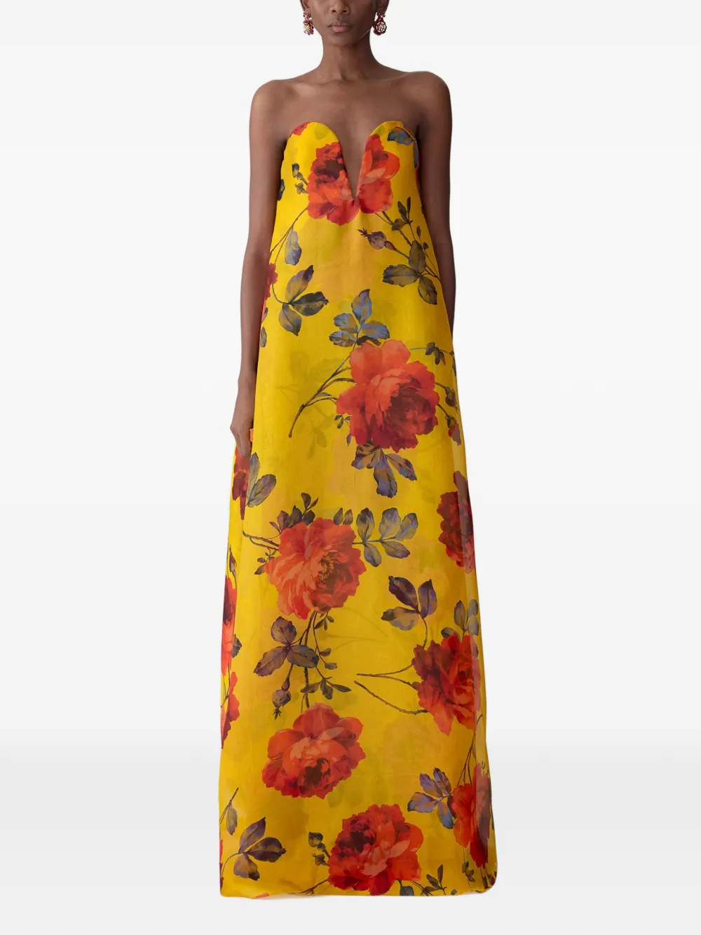 Carolina Herrera Organza avondjurk met roosprint en V-hals Geel