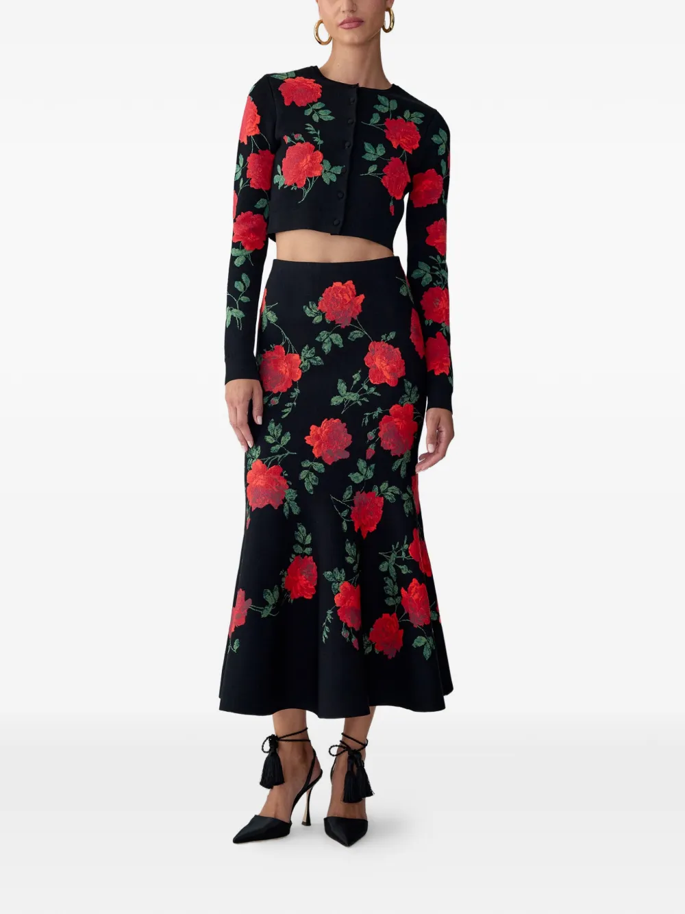 Carolina Herrera Trumpet rok met rozen jacquard Zwart