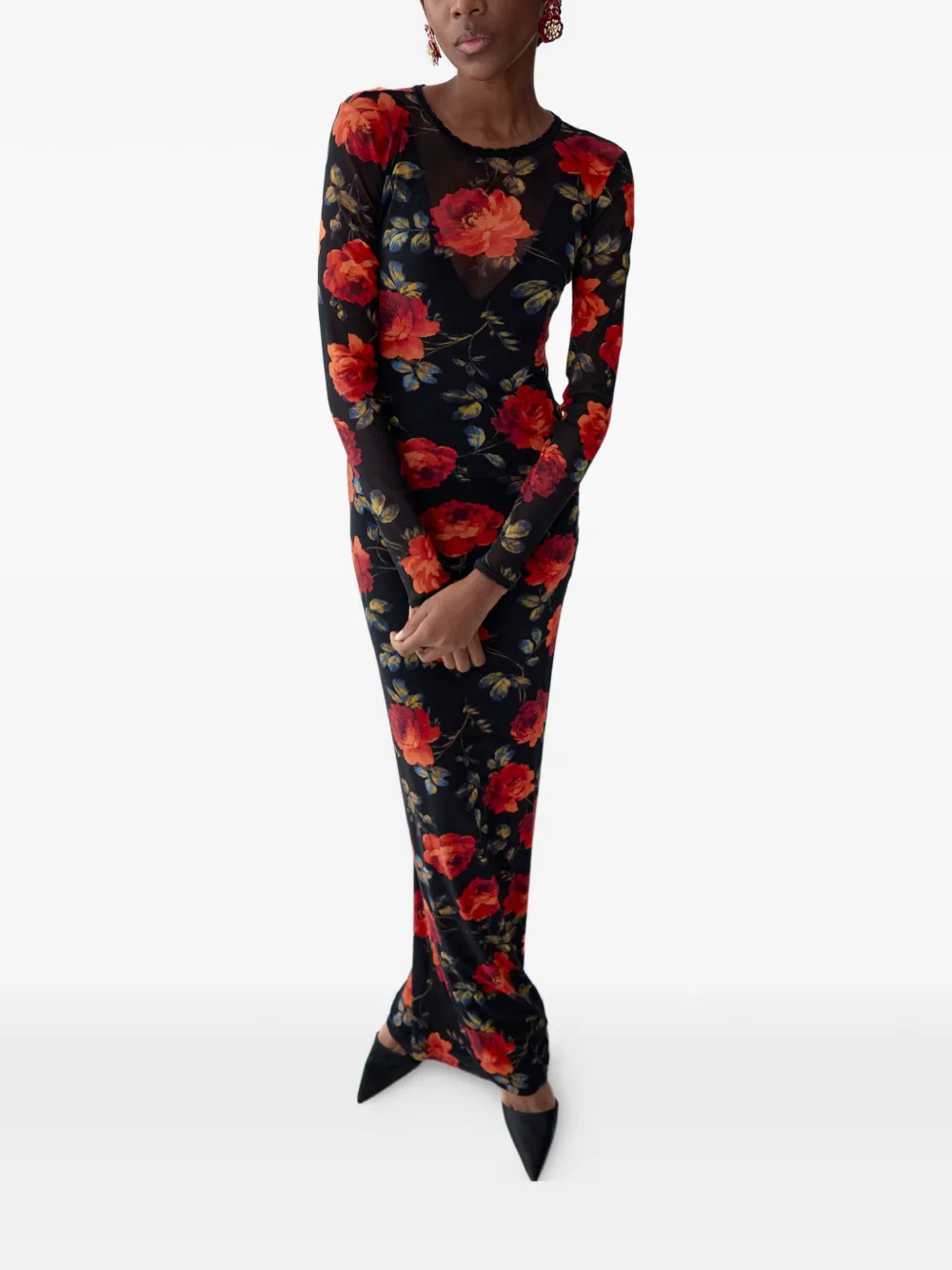 Carolina Herrera Midi-jurk met roosprint Zwart