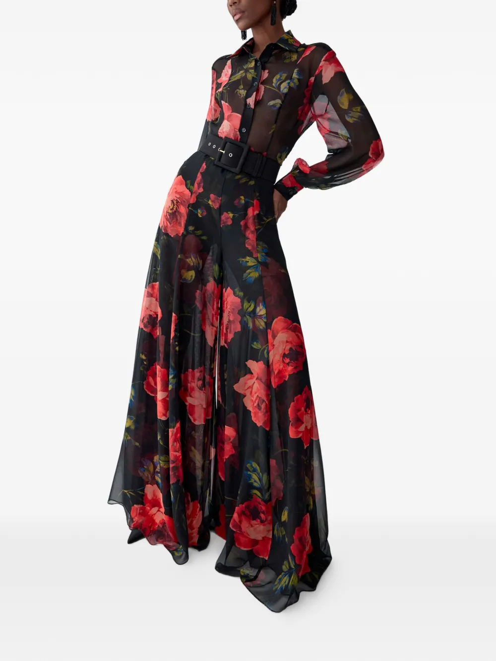 Carolina Herrera Iris broek met extra wijde pijpen en roosprint Zwart
