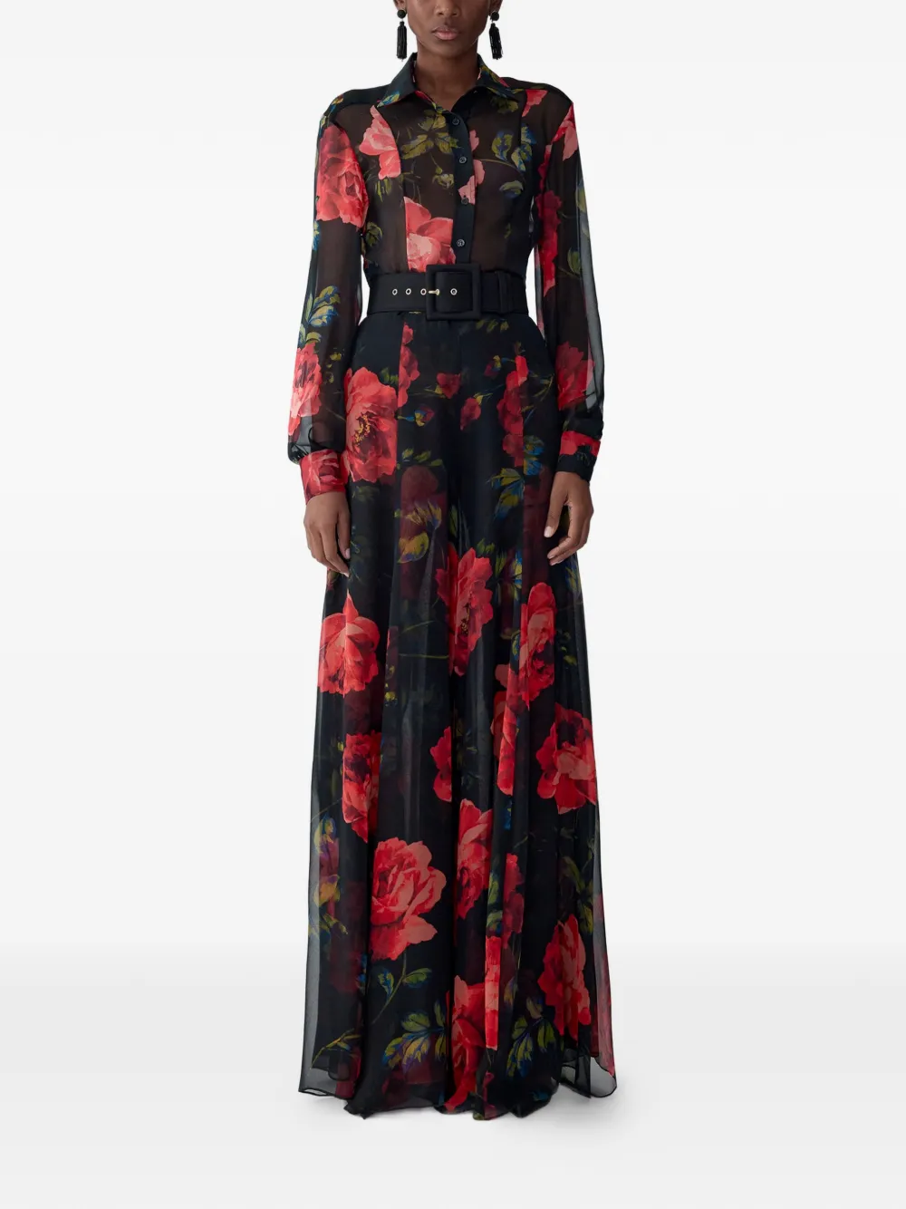 Carolina Herrera Iris broek met extra wijde pijpen en roosprint Zwart