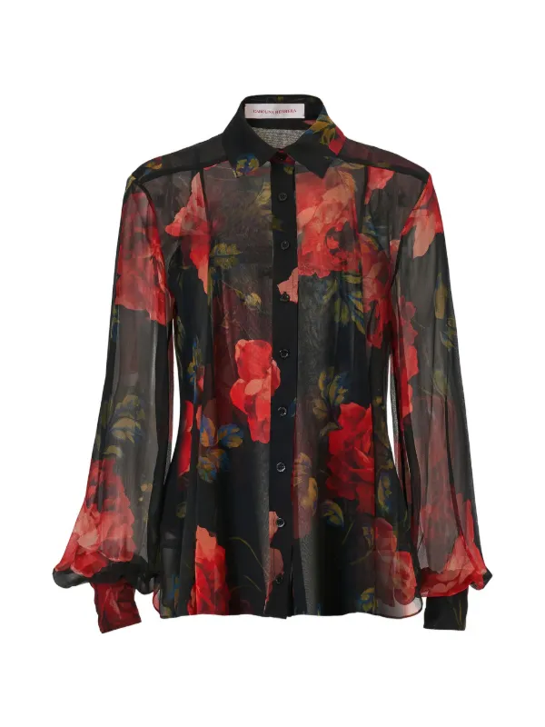 Carolina Herrera Rose-print Chiffon Shirt in Black