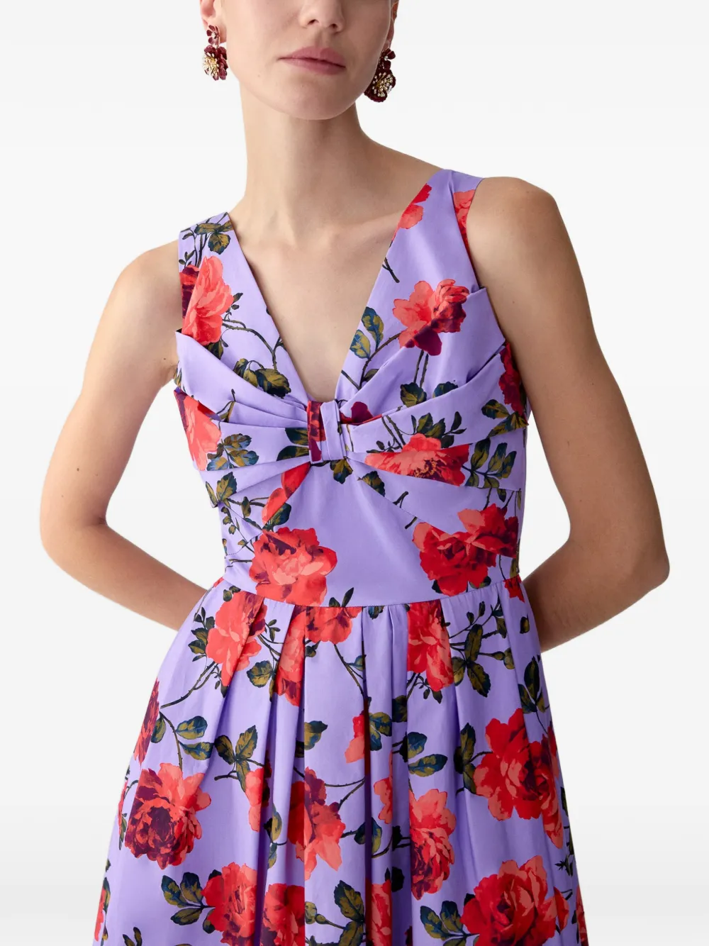 Carolina Herrera Midi-jurk met roosprint en V-hals Paars
