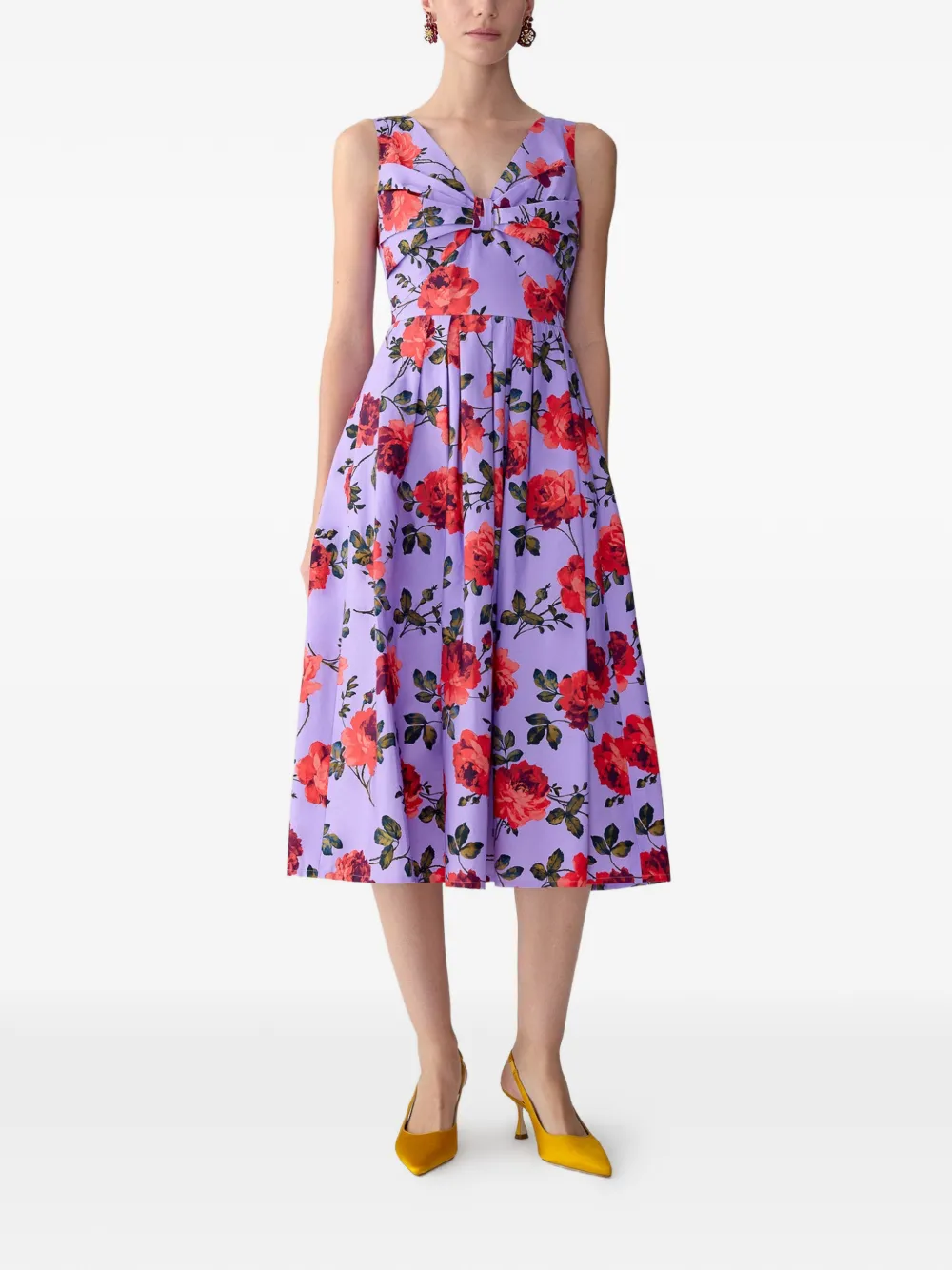 Carolina Herrera Midi-jurk met roosprint en V-hals Paars
