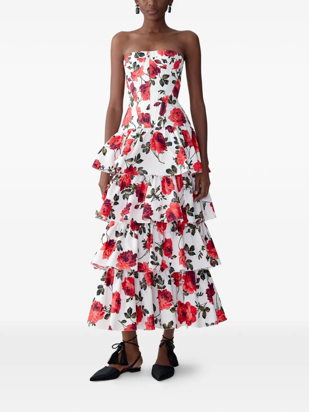 Carolina Herrera Gelaagde midi-jurk met roosprint Wit