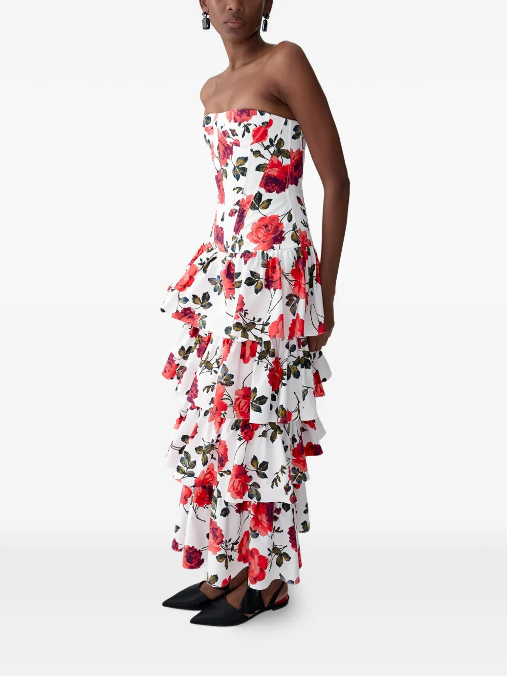 Carolina Herrera Gelaagde midi-jurk met roosprint Wit