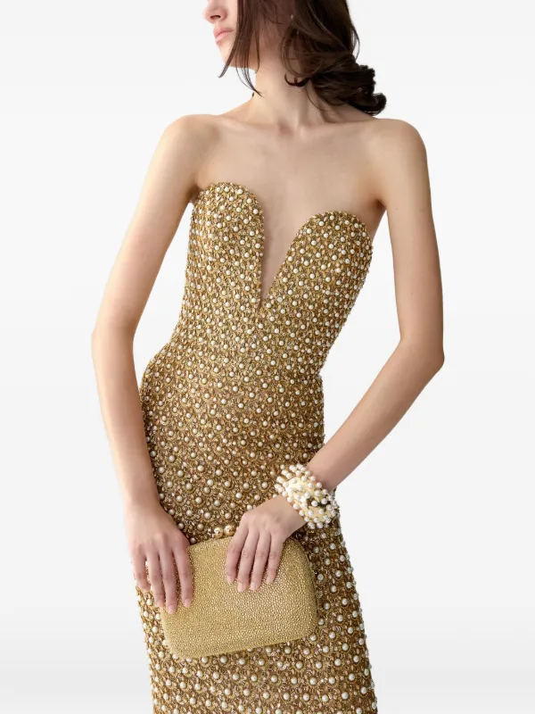 Carolina Herrera Gold Embellished Deep V-neck Dress | Gold