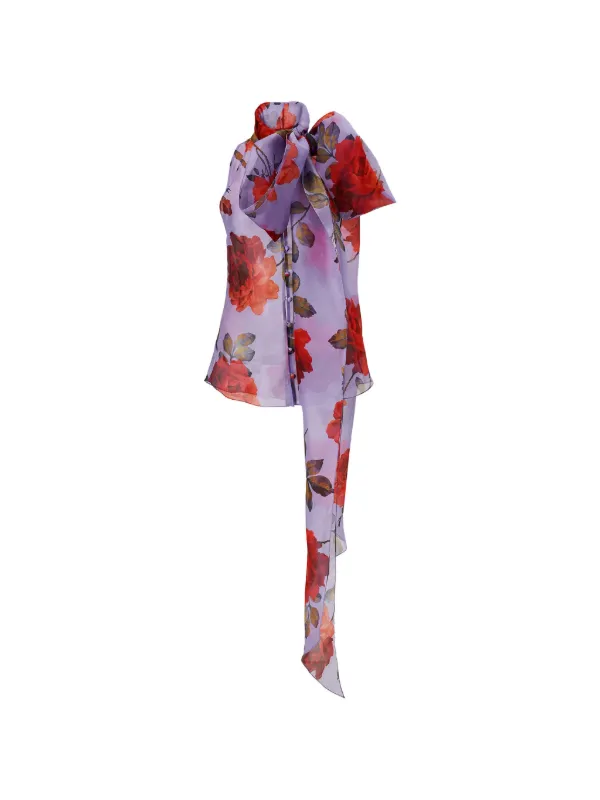 Carolina Herrera Rose-print Organza Top with Bow in Purple