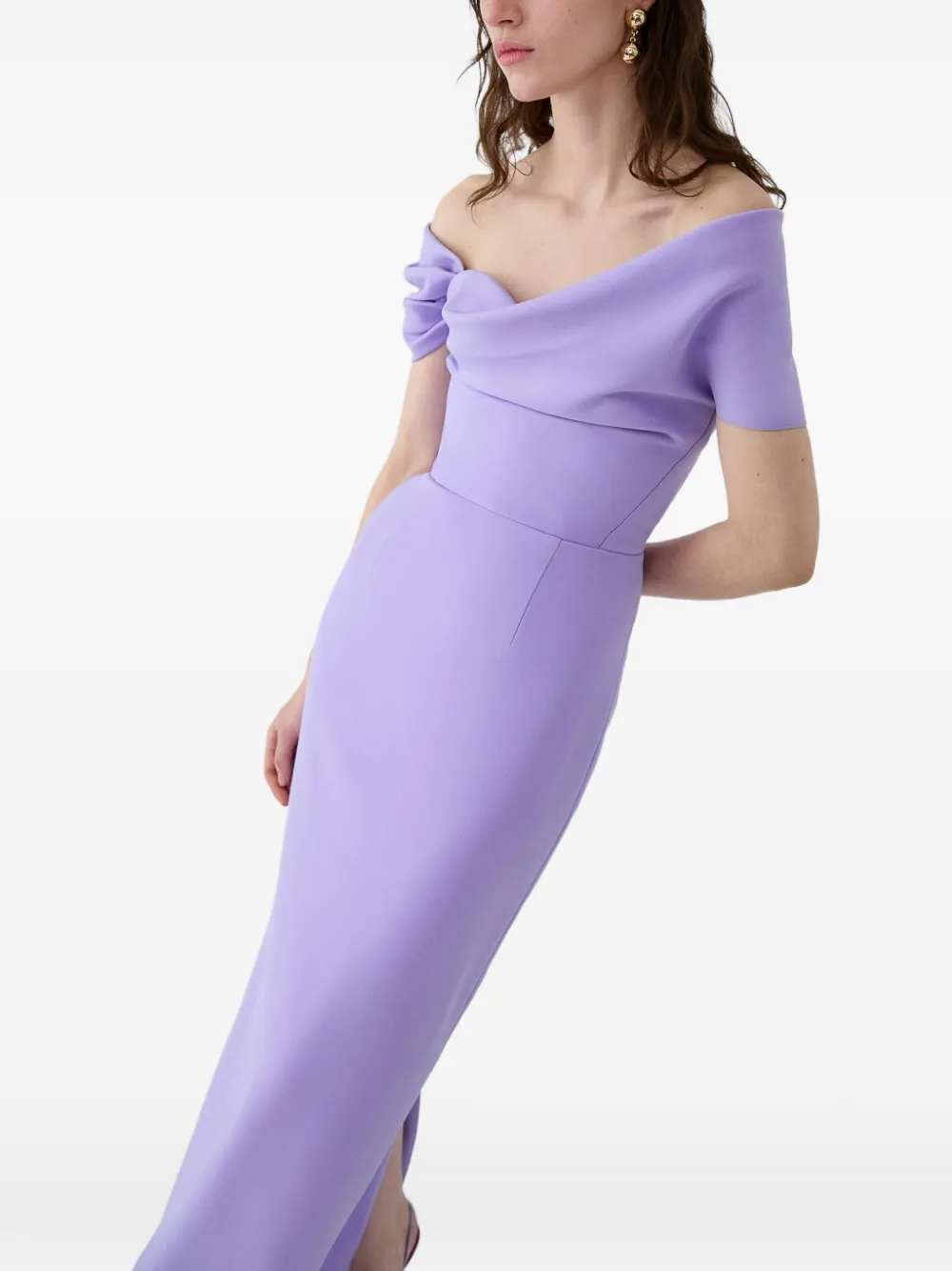 Carolina Herrera Gedrapeerde off-shoulder avondjurk Paars