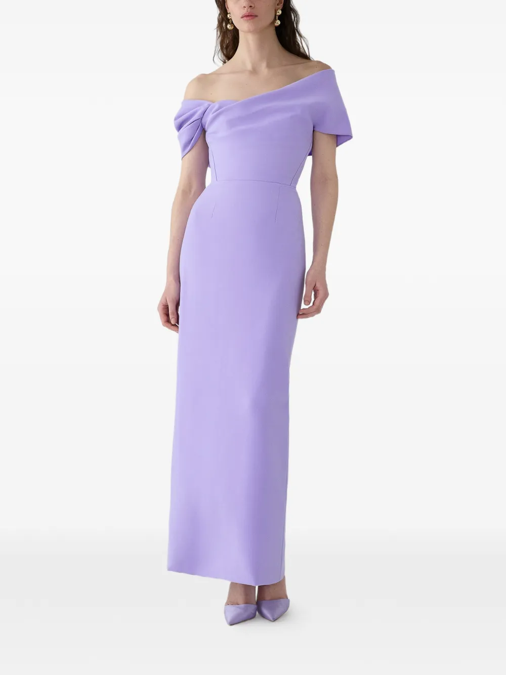 Carolina Herrera Gedrapeerde off-shoulder avondjurk Paars