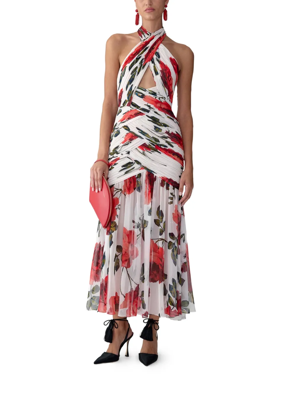 Carolina Herrera Midi-jurk met roosprint Beige