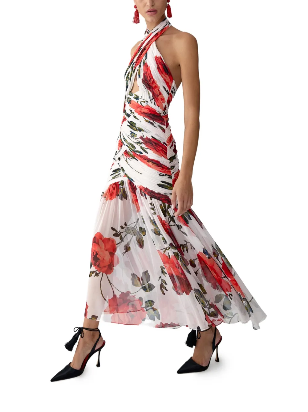 Carolina Herrera Midi-jurk met roosprint Beige