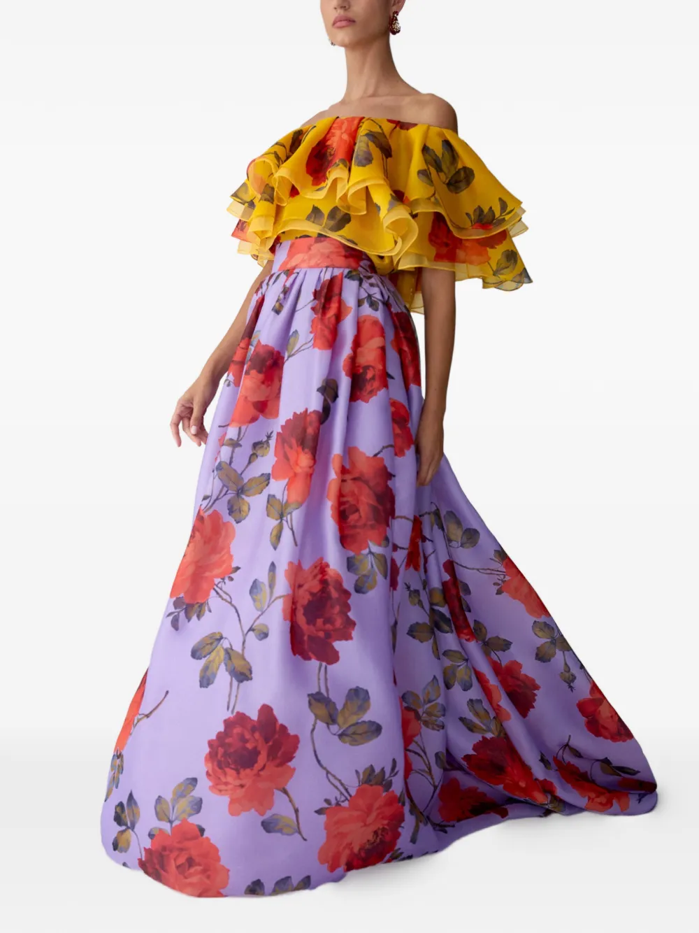 Carolina Herrera Organza kokerrok met roosprint Paars