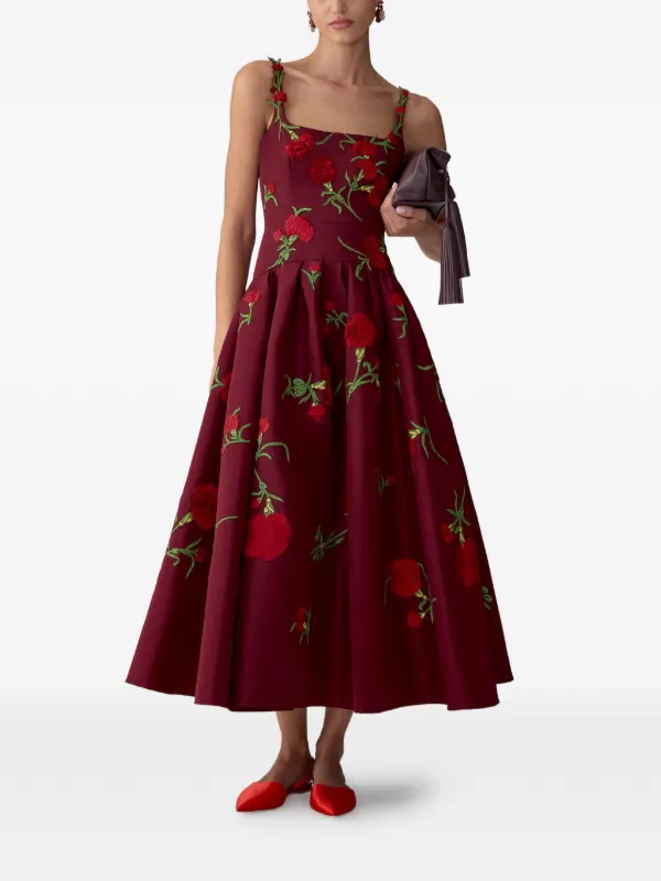 carolina herrera dress red Carolina Herrera carnation-embroidered scoop-neck Dress ‌ | Red