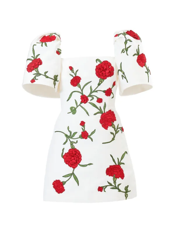 carolina herrera embroidered mini dress Carolina Herrera Embroidered Puff-Sleeve Mini Dress, Black Multi, Women's, 10, Cocktail & Party Wedding Guest Dresses Balloon Puff Sleeve Dresses