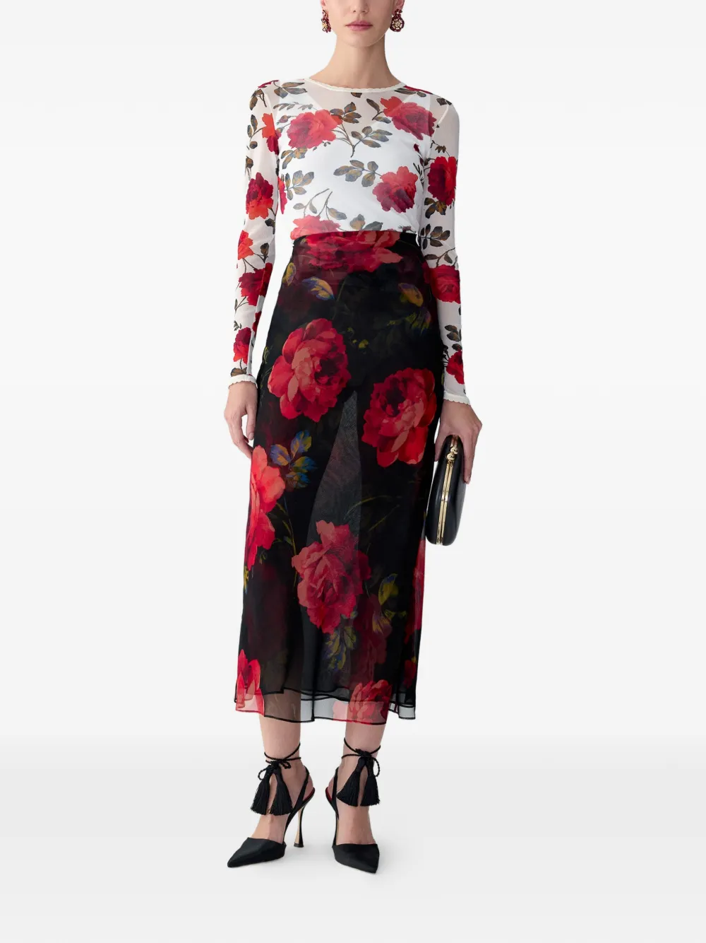 Carolina Herrera Chiffon midi-rok met roosprint Zwart