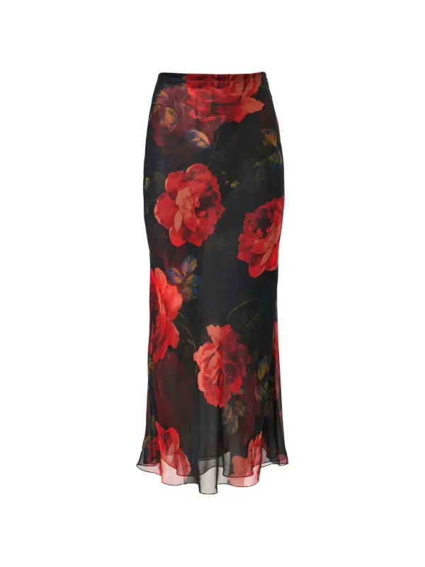Carolina Herrera Rose-print Chiffon Midi Skirt in Black