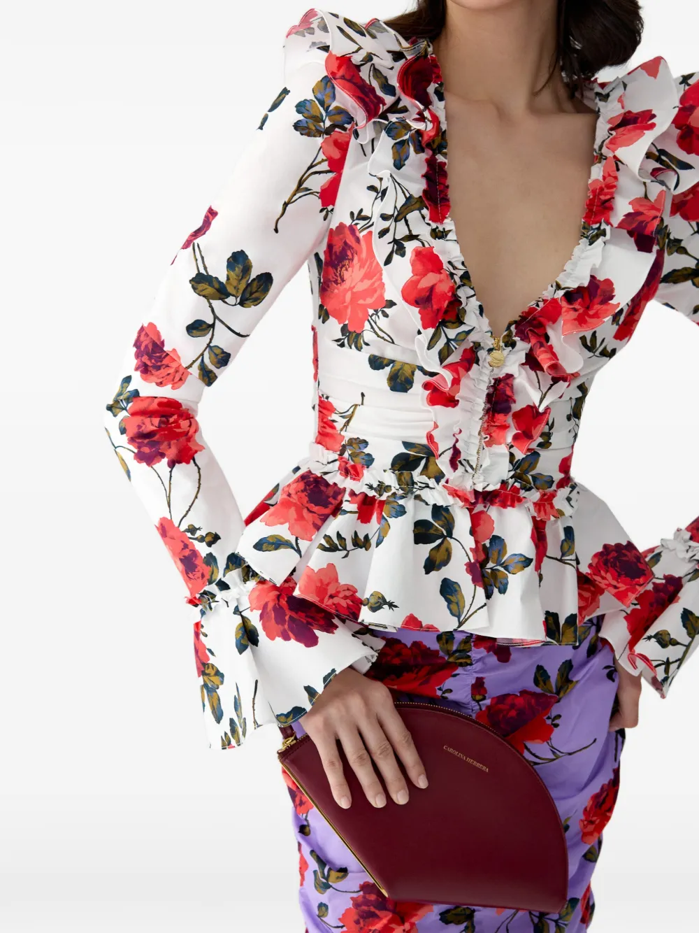 Carolina Herrera Midi-rok met roosprint en ruches Paars