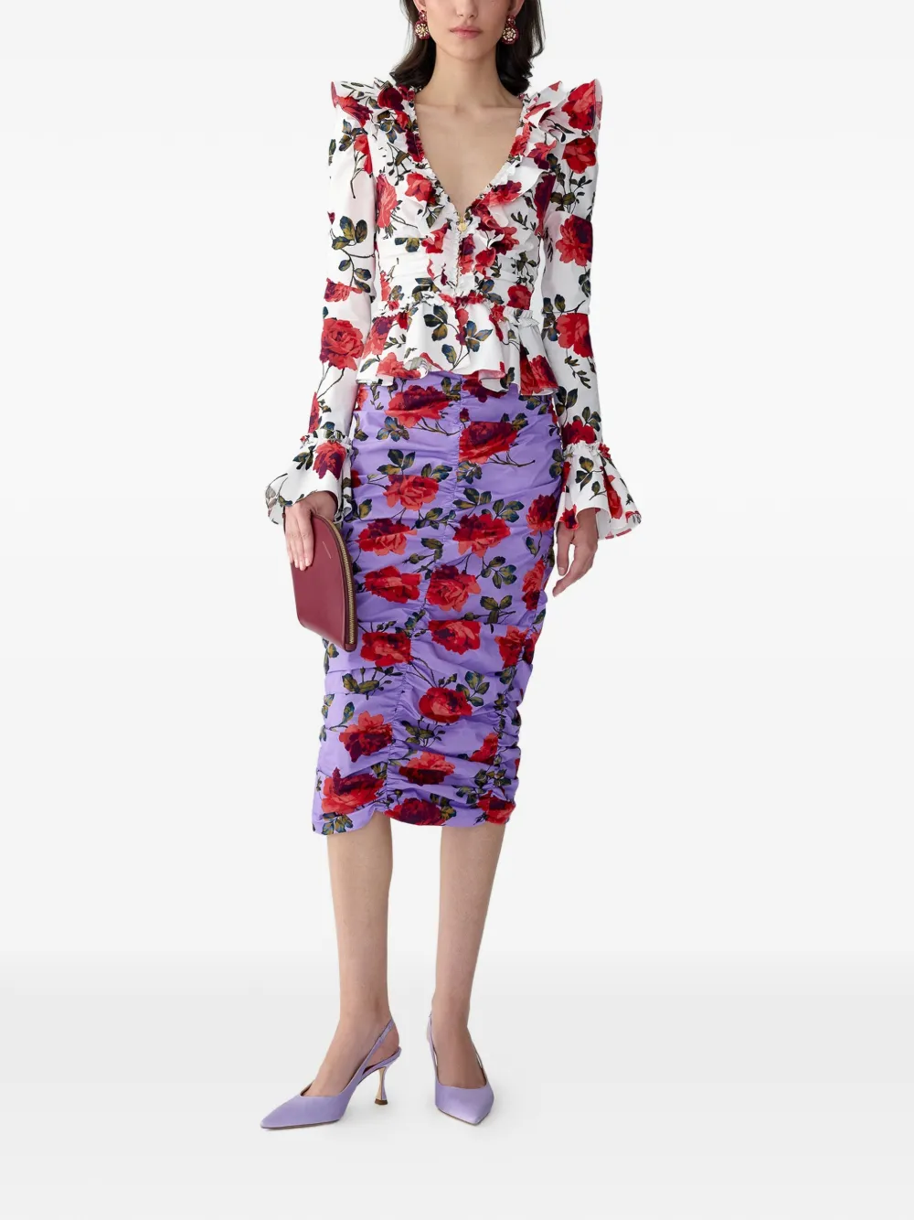 Carolina Herrera Midi-rok met roosprint en ruches Paars