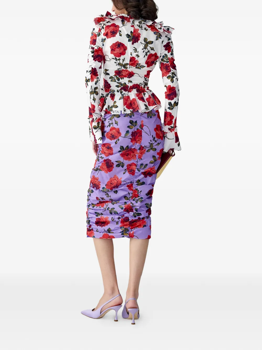 Carolina Herrera Midi-rok met roosprint en ruches Paars