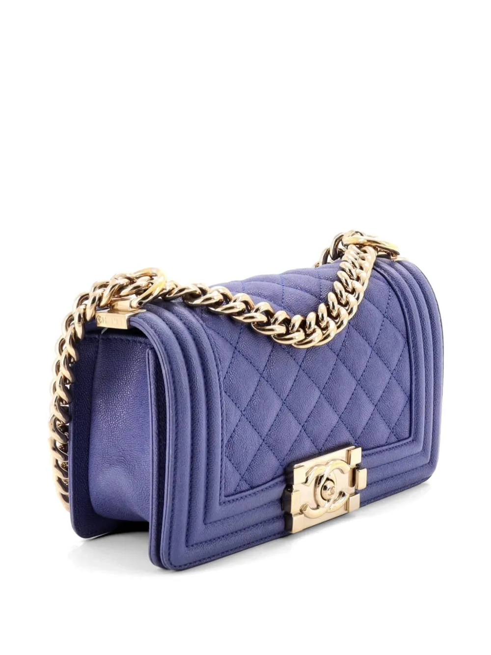 Chanel Pre-owned Boy Flap Bag Quilted Caviar Small Crossbody Bag in Blue, view 3