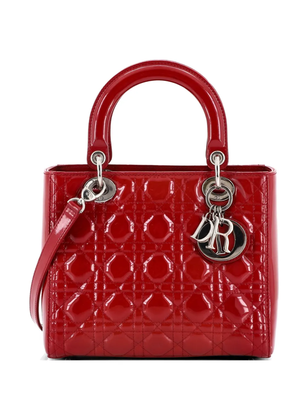 Christian Dior Pre-Owned Borsa a tracolla Lady Dior media trapuntata in pelle verniciata con motivo Cannage - Rosso