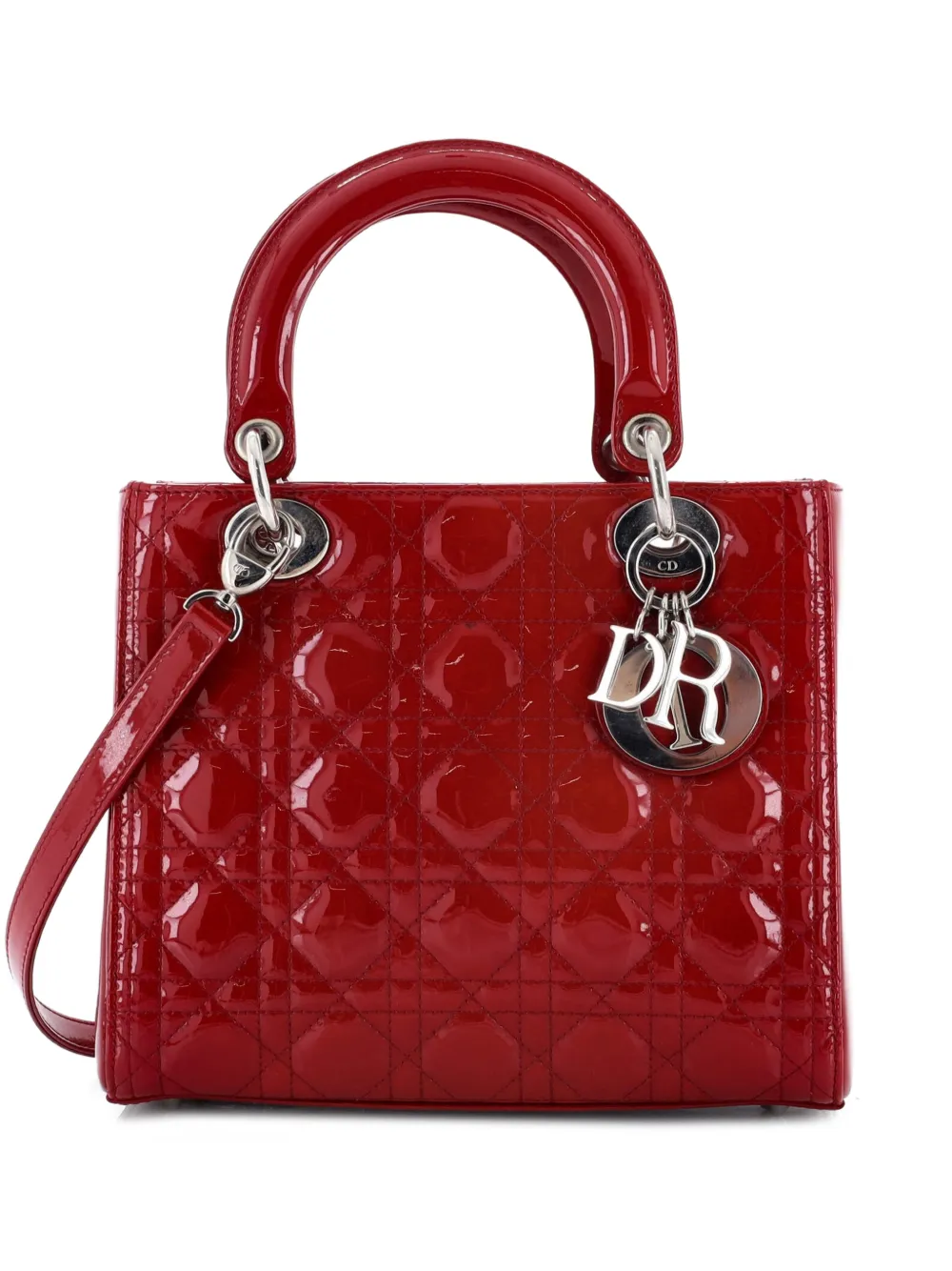 Christian Dior Pre-Owned Lady Dior Bag Cannage Quilt Patent Medium satchel - Rosso