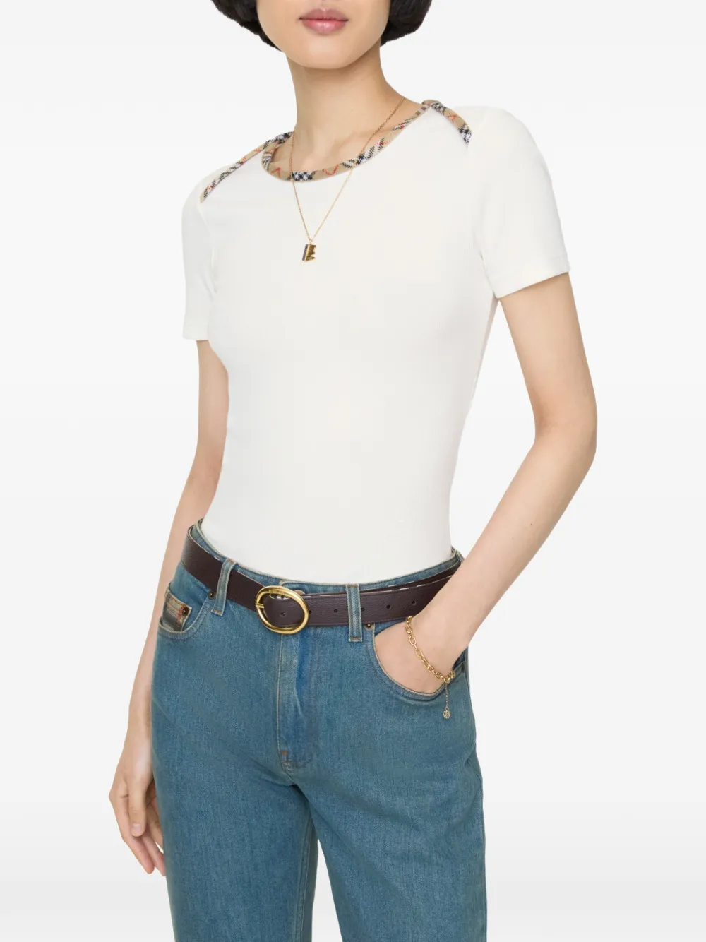 Burberry Stephanie Tartan-trimmed Stretch-cotton Jersey T-shirt In White