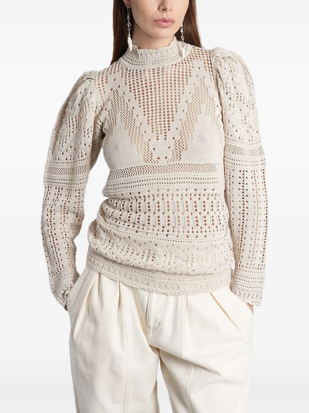ISABEL MARANT Dahara pointelle-knit puffed-sleeve sweater - Nude