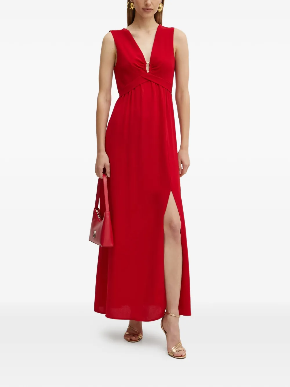 Morgan V-neck side-slit maxi dress - Rosso