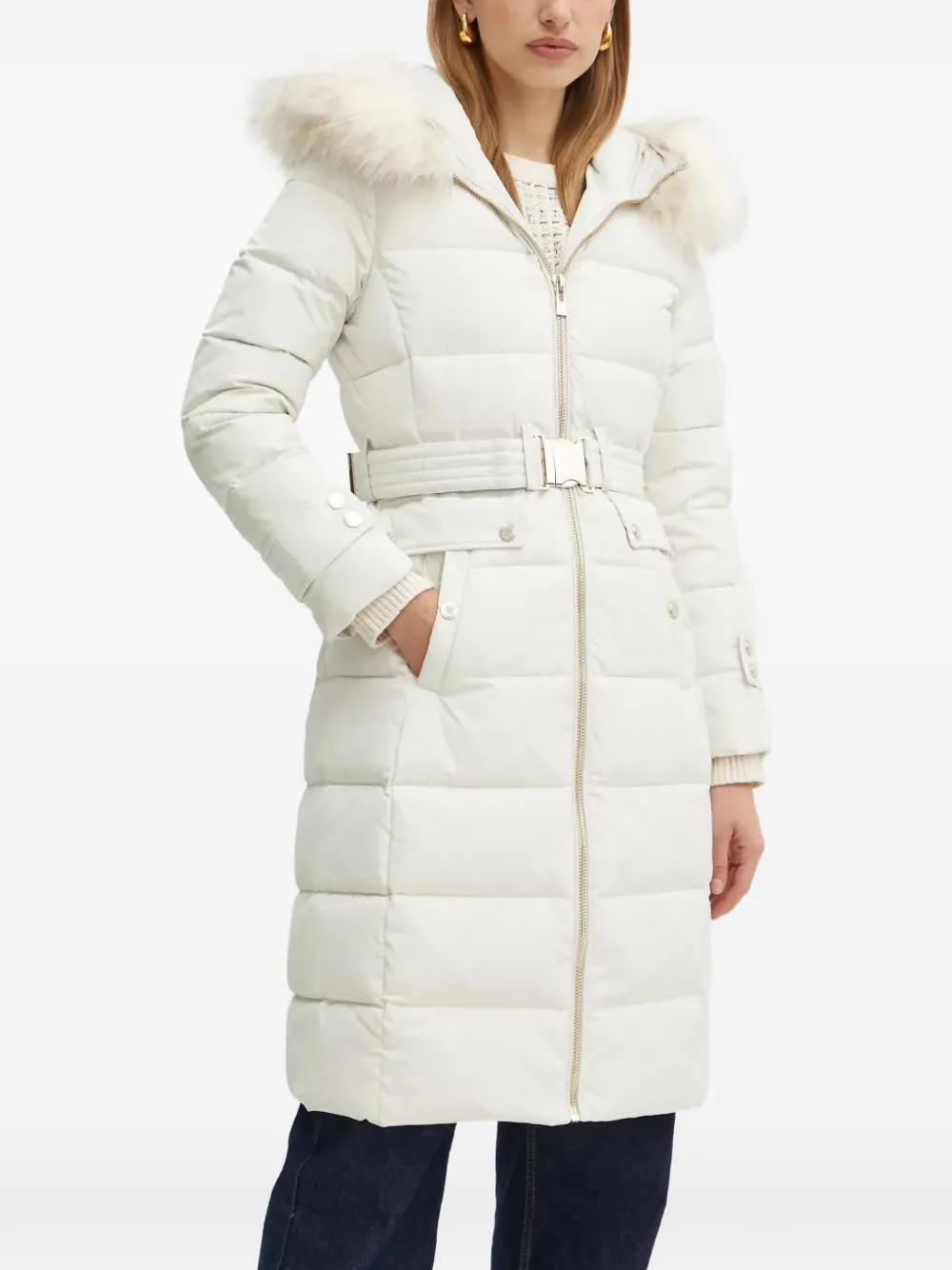 Morgan belted faux-fur-trim coat - Bianco