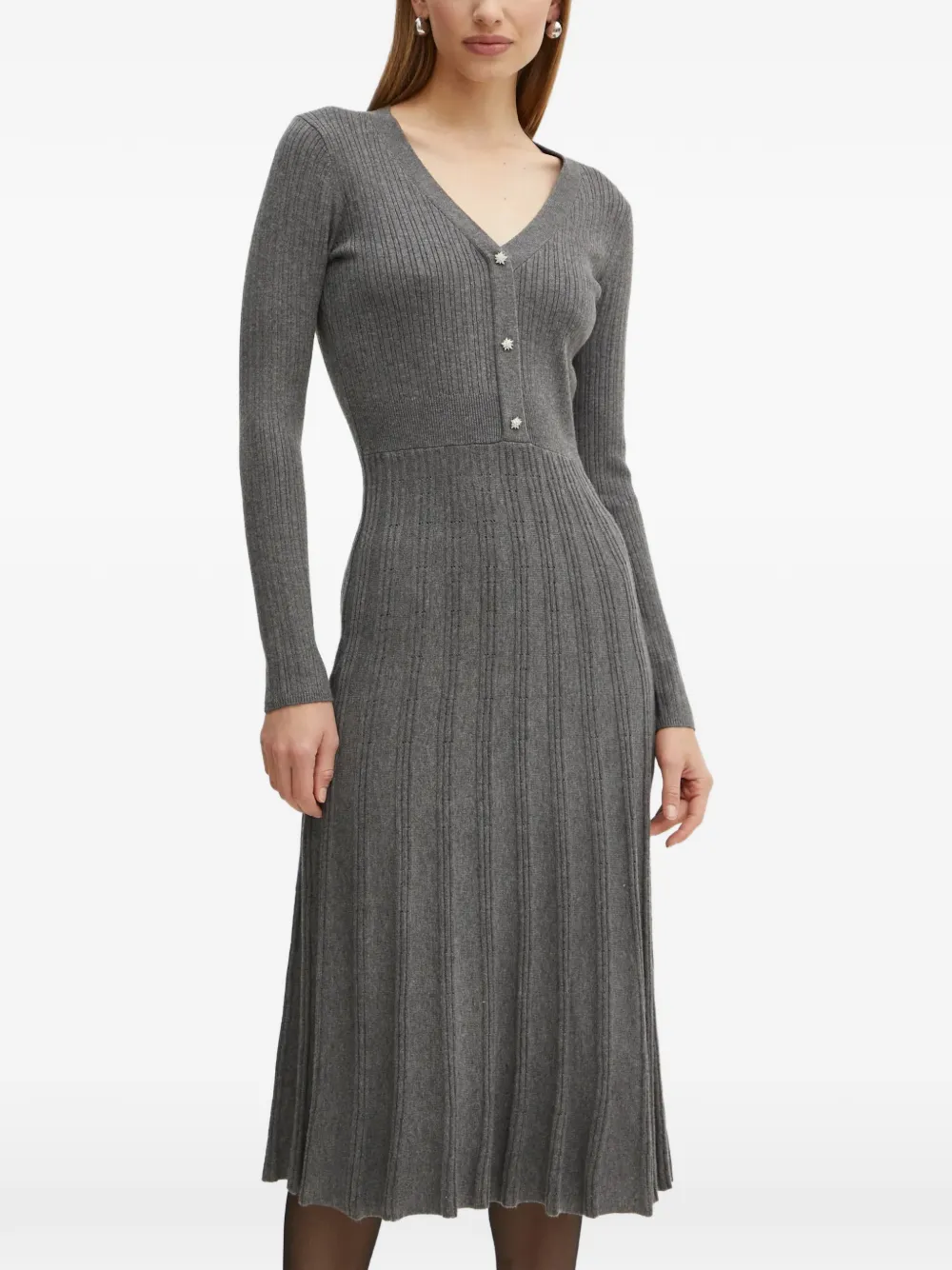 V-Neck Button Midi Dress