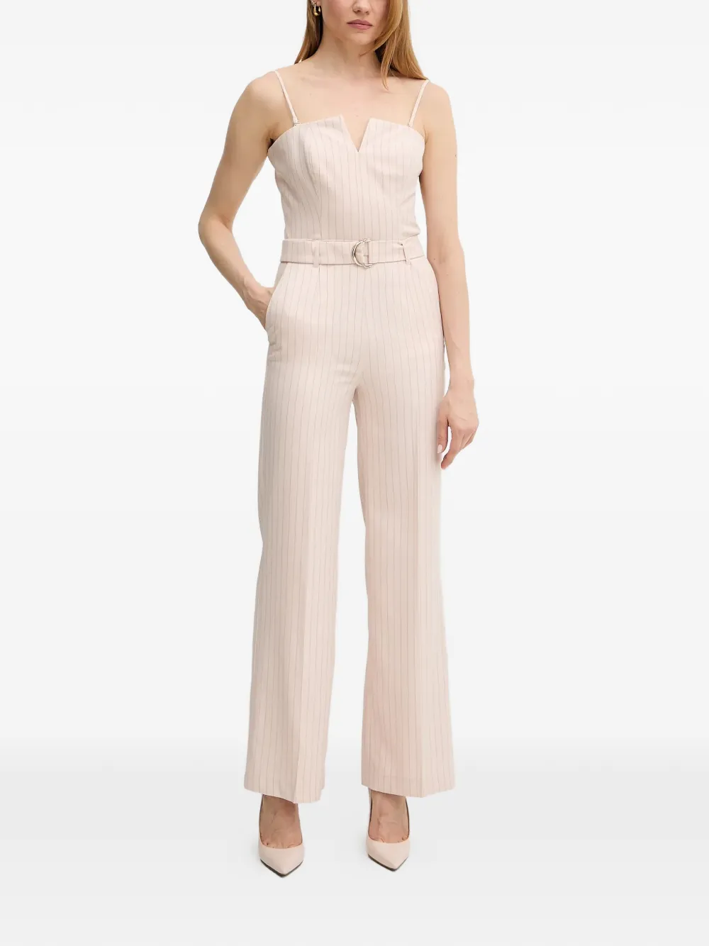Morgan Gestreepte jumpsuit met ceintuur Beige