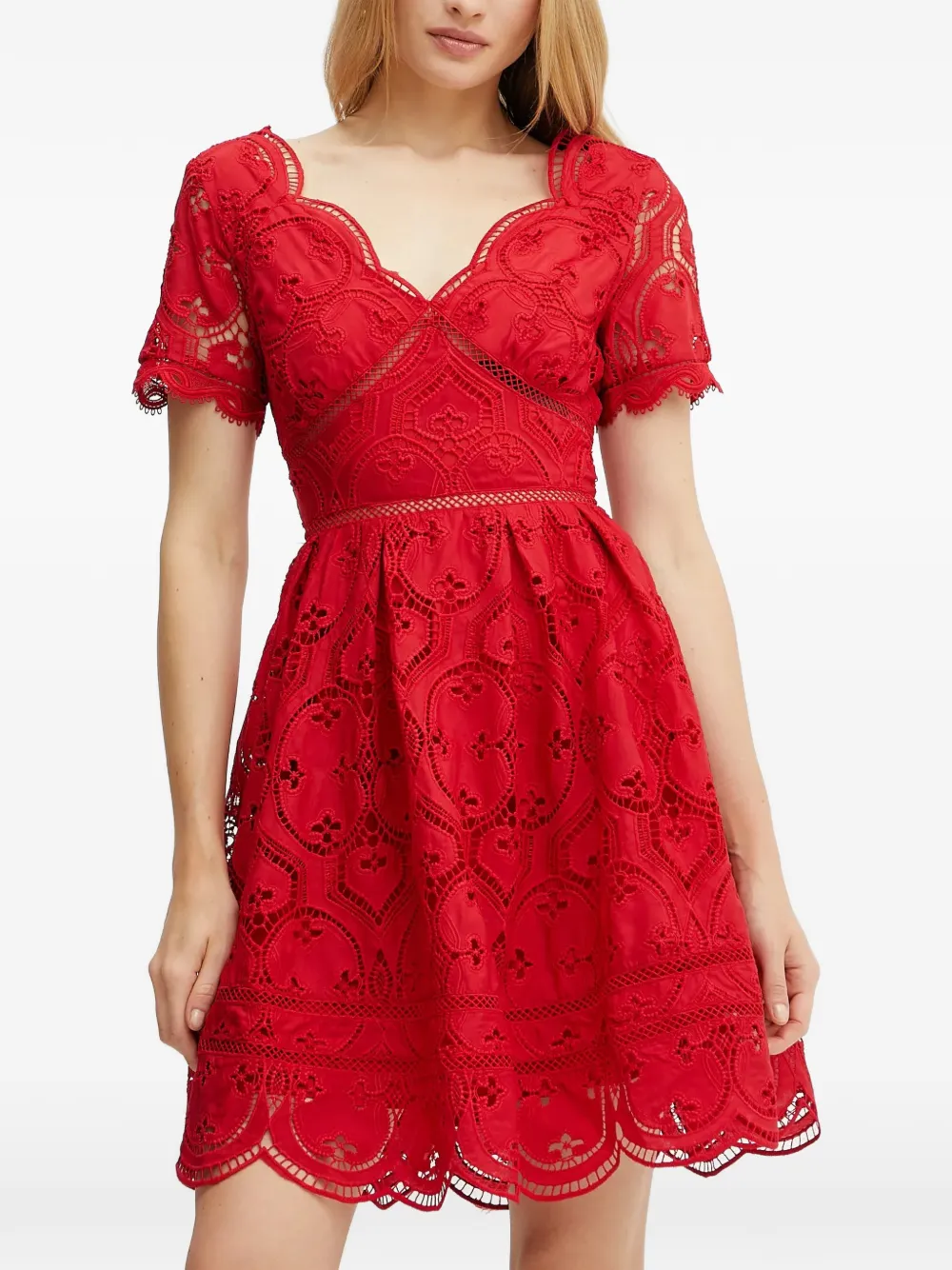 Morgan scalloped-trim V-neck mini dress - Rosso