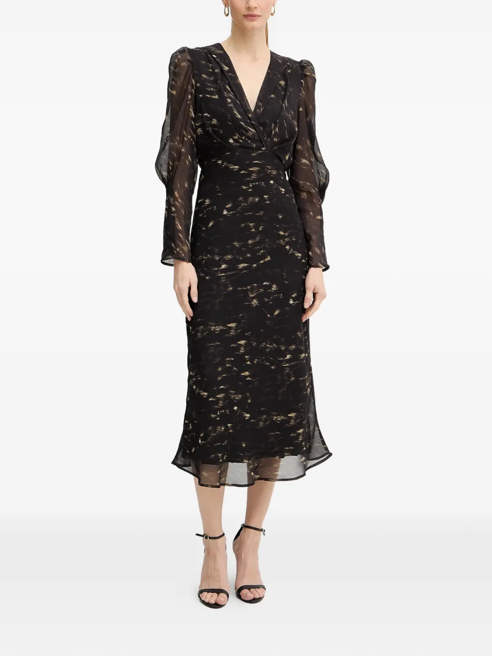 Morgan V-neck puff sleeve midi dress - Nero