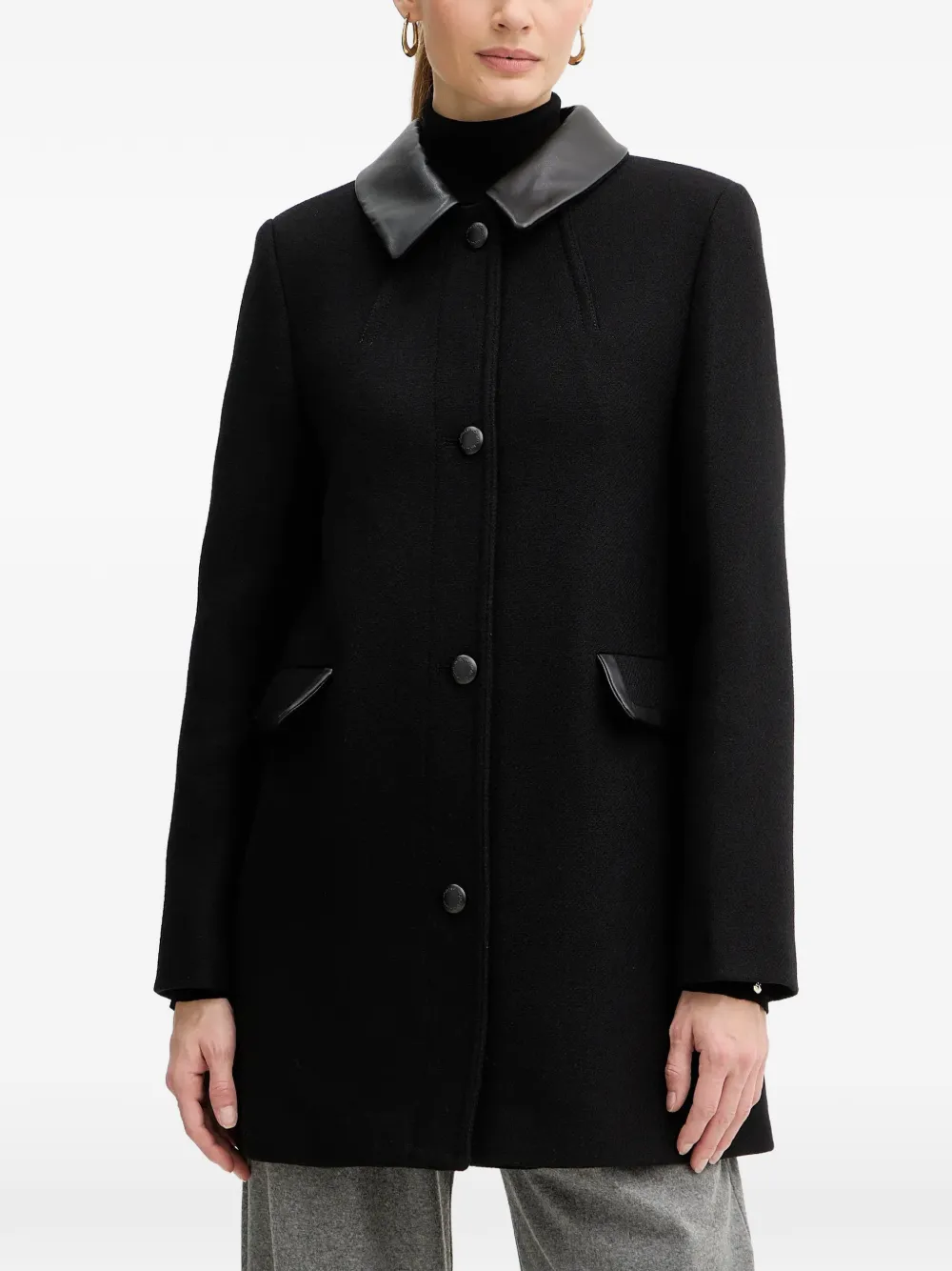 Morgan leather collar button coat - Black