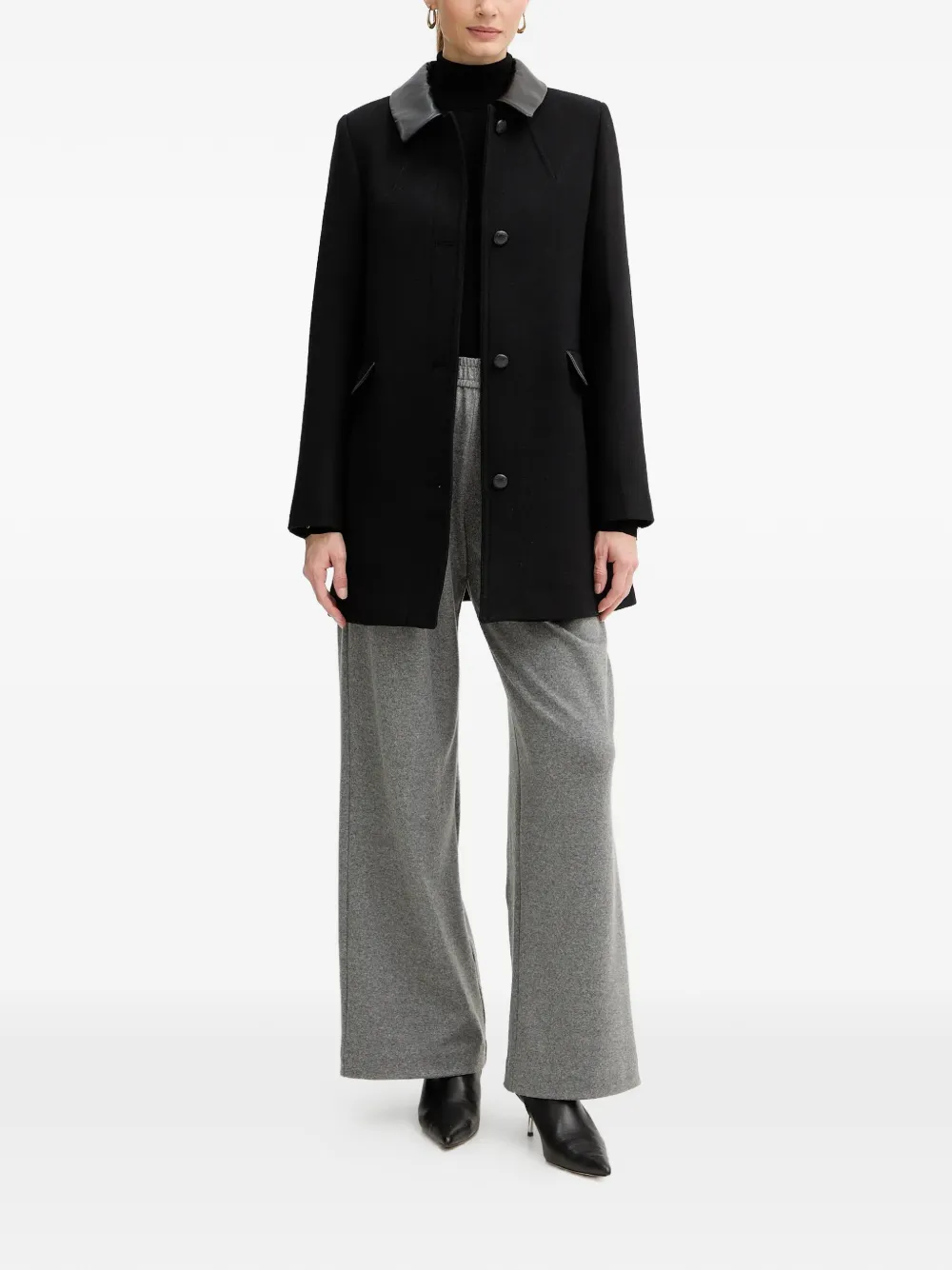 Morgan Leather Collar Button Coat - Black 