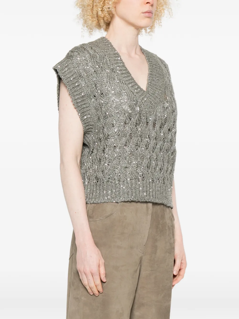 Brunello Cucinelli Sequin V-neck Knitted Vest - Grey 
