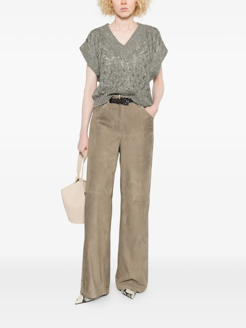  Brunello Cucinelli Sequin V-neck Knitted Vest - Grey 