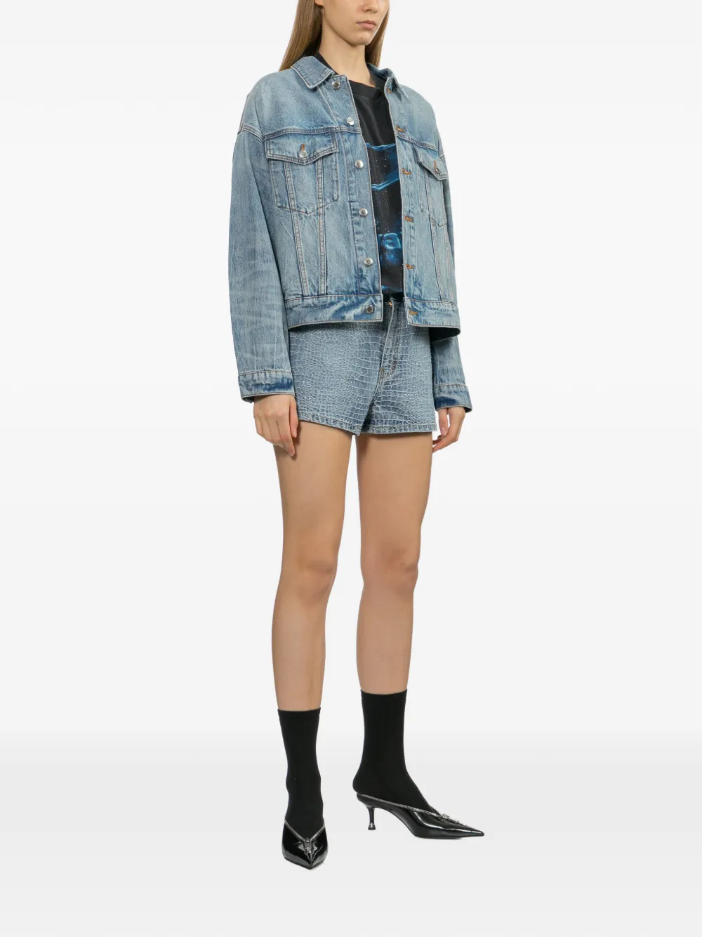  Self-portrait Rhinestone Denim Shorts - Blue 