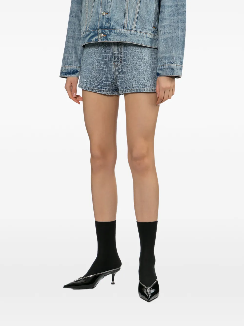  Self-portrait Rhinestone Denim Shorts - Blue 