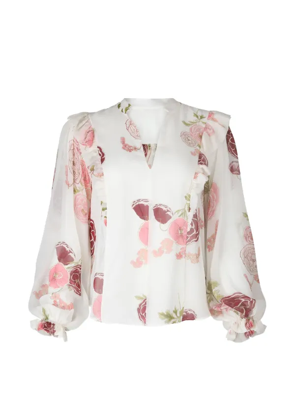 Giambattista Valli Ruffled-detail Floral-print Blouse in White