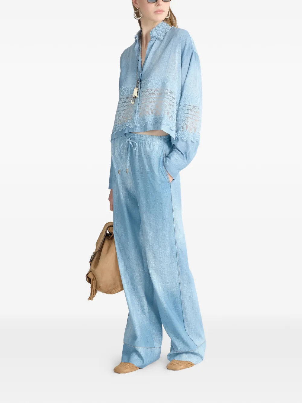  Ermanno Scervino Drawstring Jeans Print Palazzo Pants - Blue 