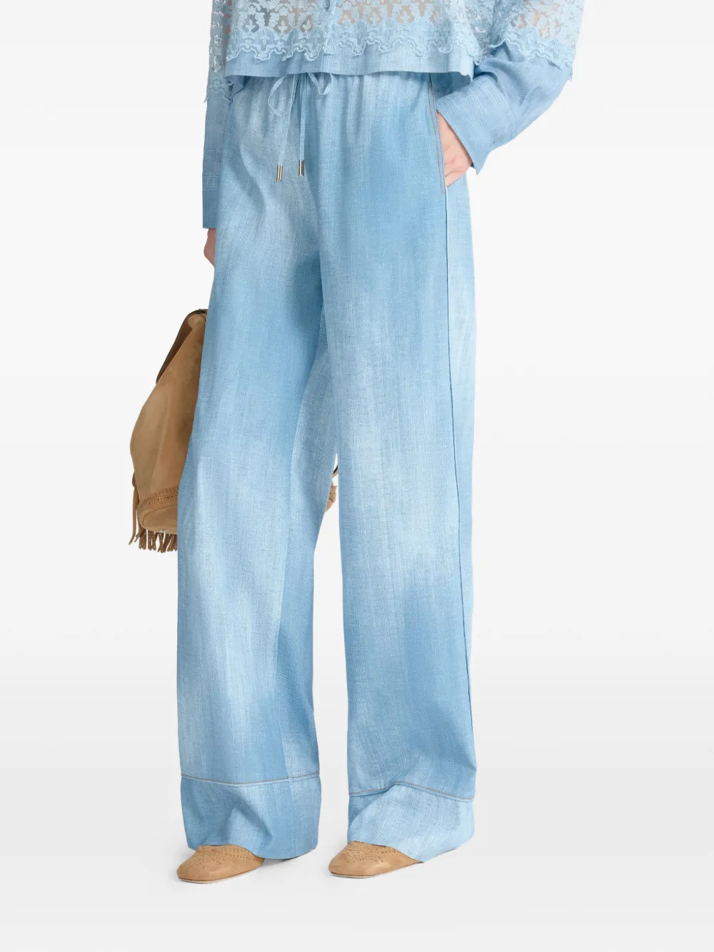  Ermanno Scervino Drawstring Jeans Print Palazzo Pants - Blue 