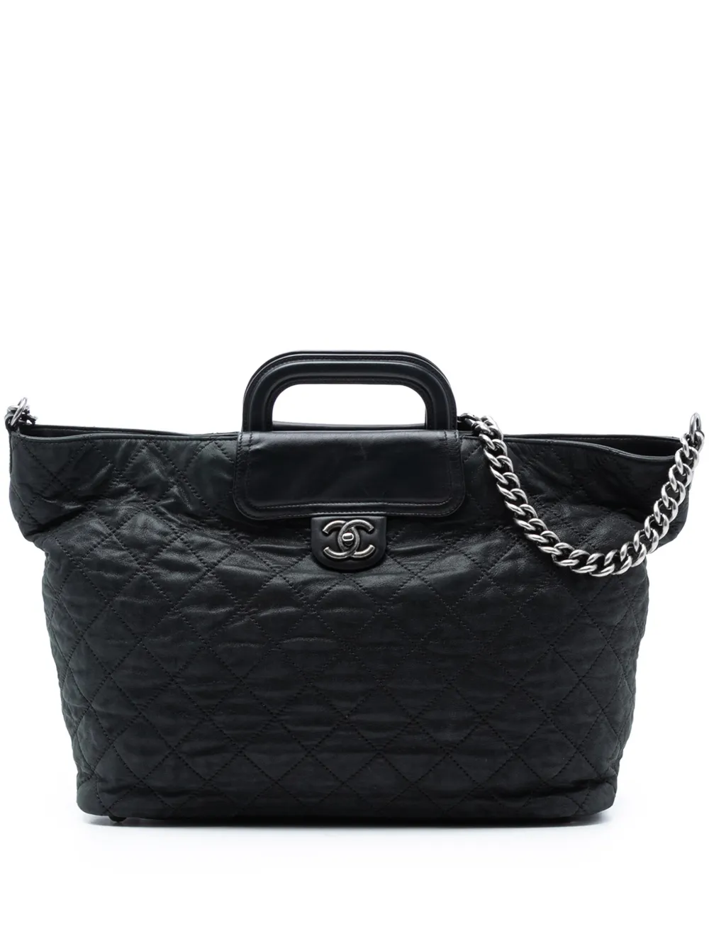 Pre-owned Chanel 2011 Large Iridescent Quilted Calfskin In The Mix Shopping Tote Satchel In Black