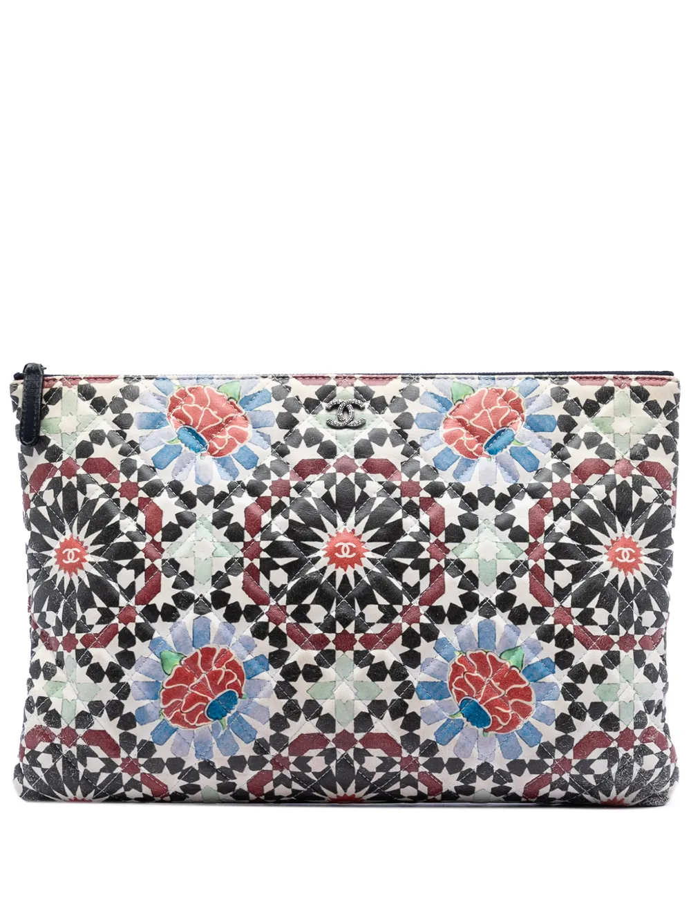 Pre-owned Chanel 2014-2015 Paris Dubai Large Printed Lambskin Cosmetic Case Clutch Bag In Multi
