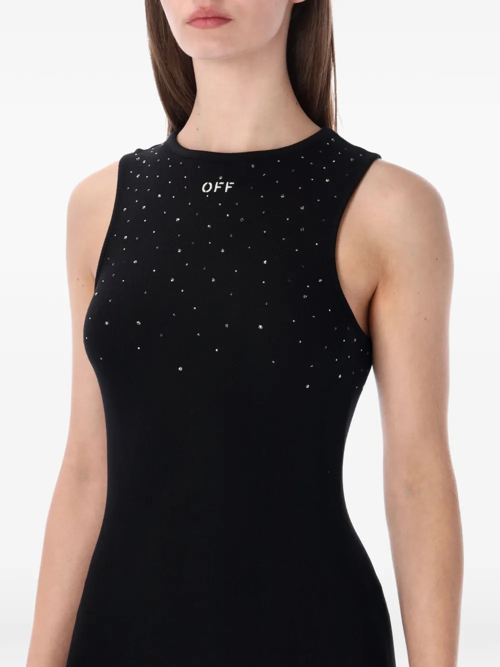 Off-white Ribbed Swarovski Crystal Slim Mini Dress In Black
