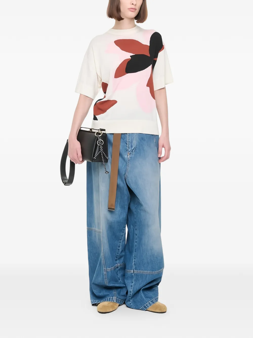 Plan C T-shirt met bloemen intarsia Beige